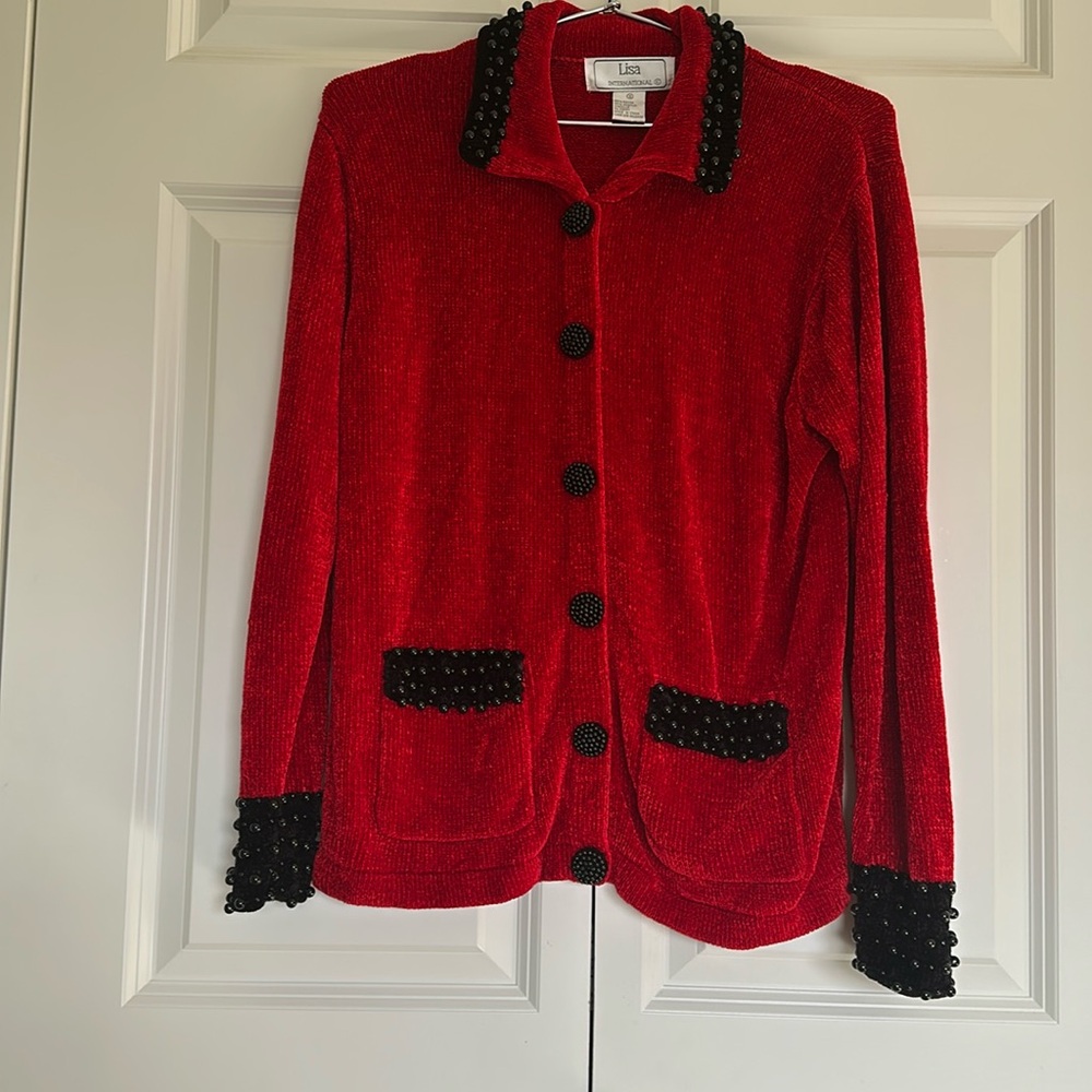 Red chenille cardigan with black beads. Lisa size small 6 button down hidden